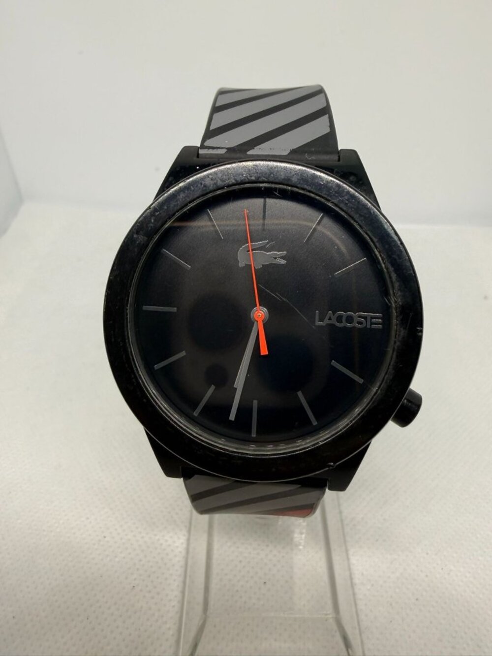 Lacoste Motion 2010936 Men's 41mm Black Dial Red Seconds Striped Silicone Watch